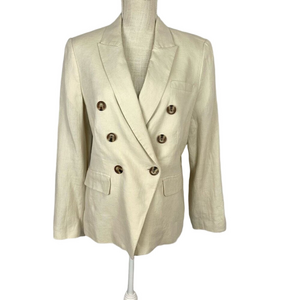 Magaschoni Linen Blend Double Breasted Blazer Jacket Cream Women’s L Natural
